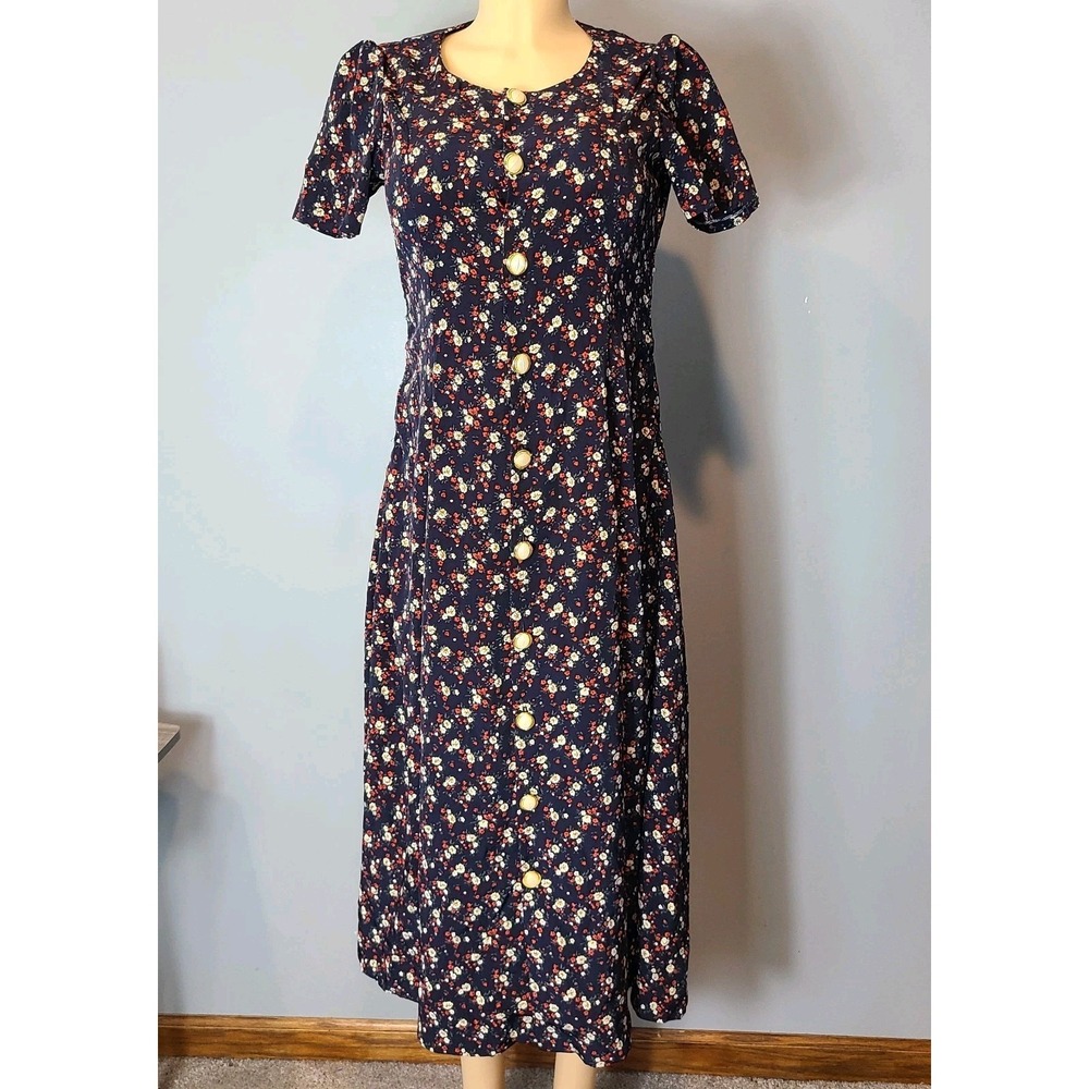 Vtg 90s Floral Midi Shirt Dress Fairy Garden Party Dainty Feminine Boho Sz MP